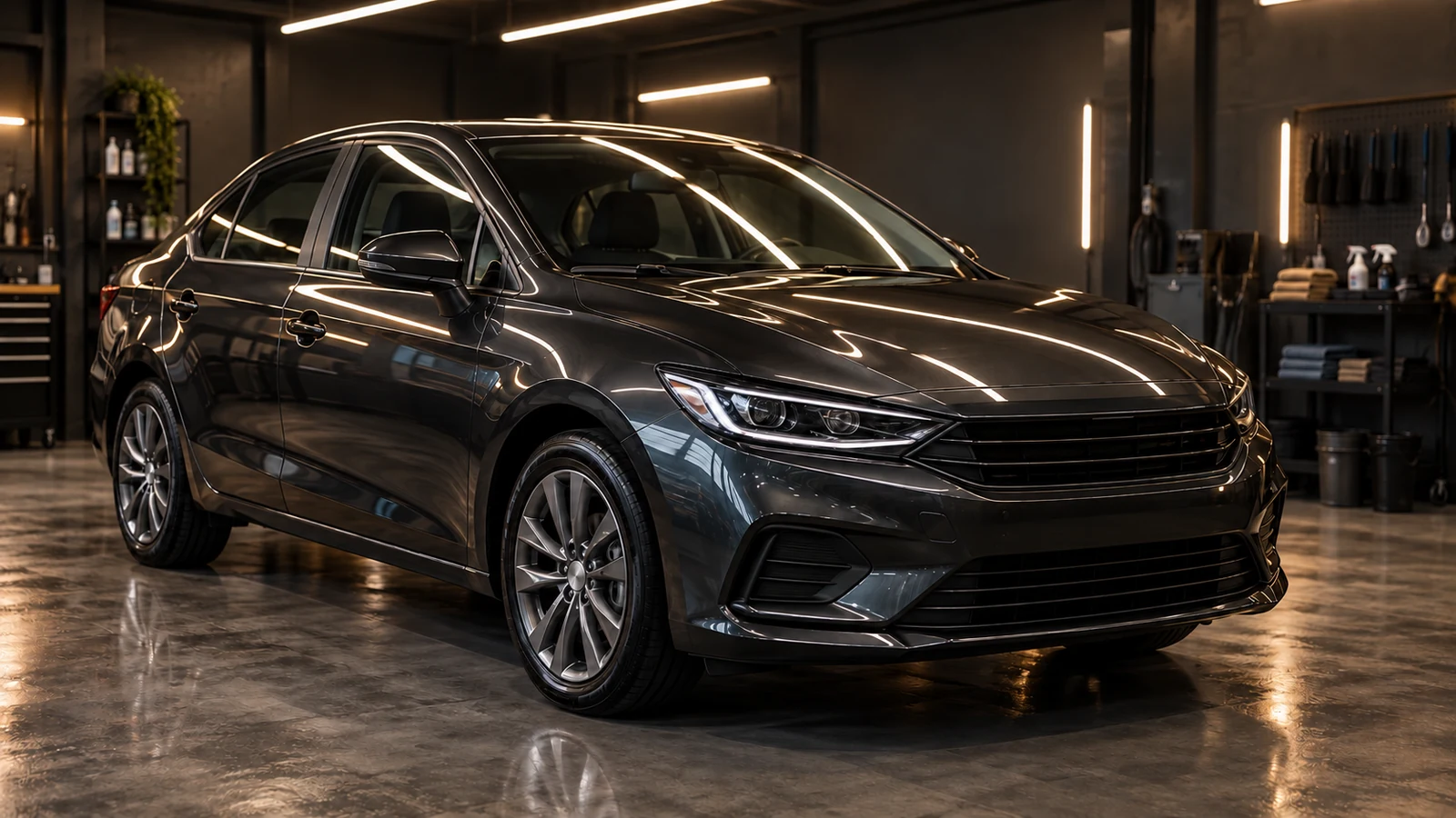 Carro escuro recém-acabado, brilhando sob as luzes da garagem